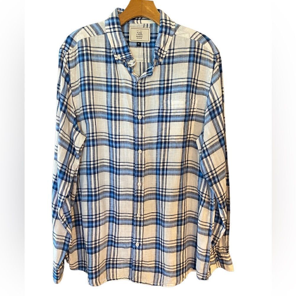 John Lewis Sz XL Blue Plaid 100% Linen Luxury Casual Long Sleeve Collar Shirt